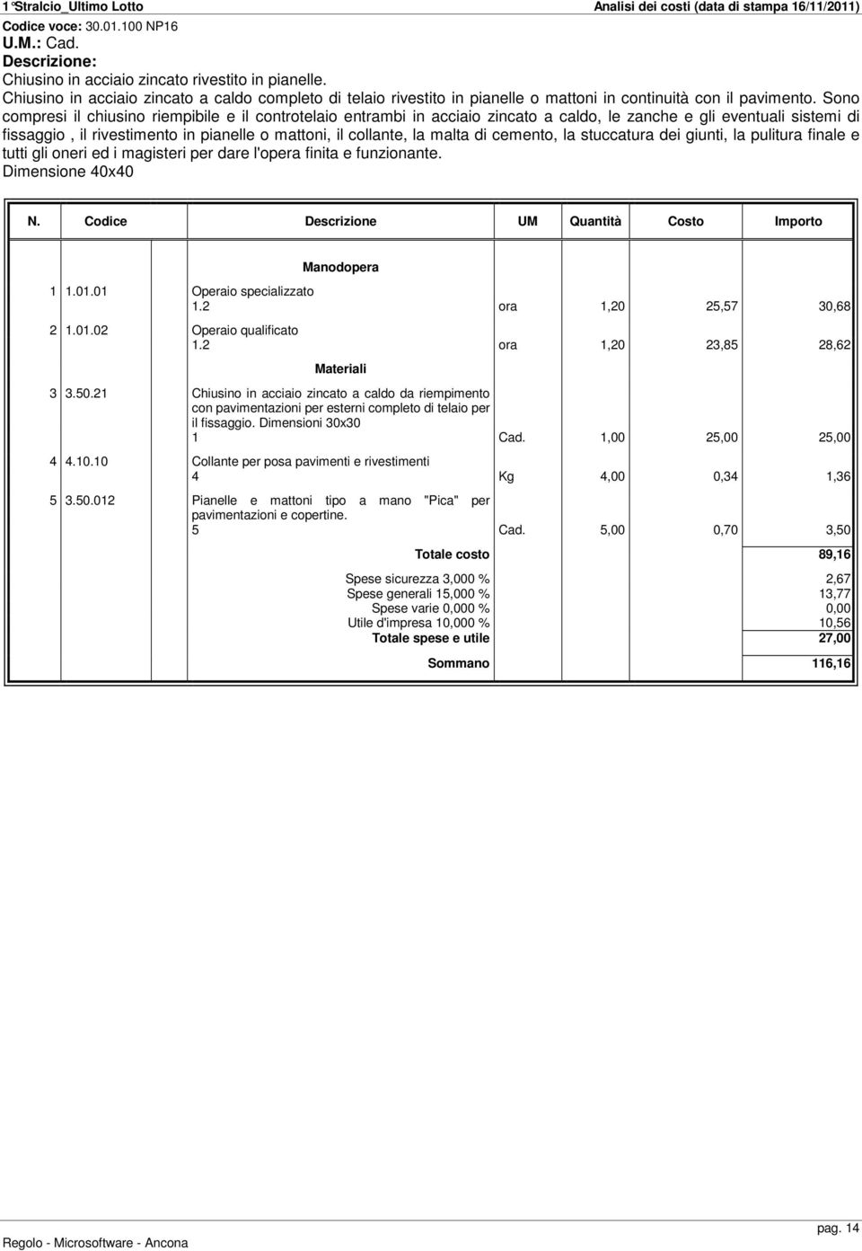 malta di cemento, la stuccatura dei giunti, la pulitura finale e tutti gli oneri ed i magisteri per dare l'opera finita e funzionante. Dimensione 40x40 1.2 ora 1,20 25,57 30,68 1.