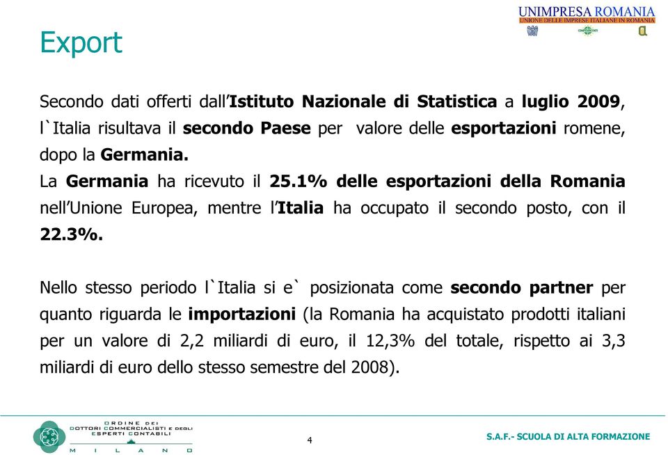 1% delle esportazioni della Romania nell Unione Europea, mentre l Italia ha occupato il secondo posto, con il 22.3%.