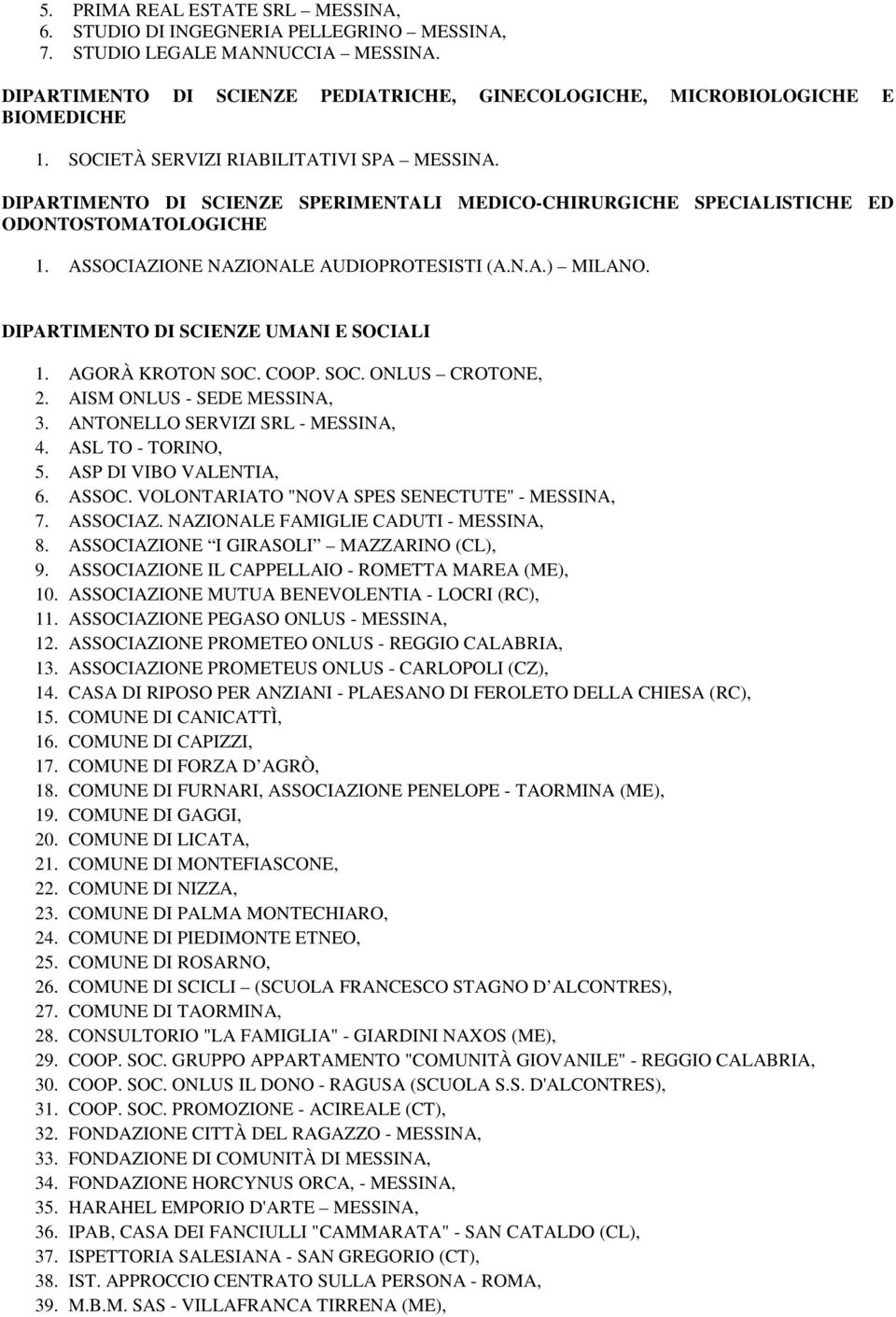 DIPARTIMENTO DI SCIENZE UMANI E SOCIALI 1. AGORÀ KROTON SOC. COOP. SOC. ONLUS CROTONE, 2. AISM ONLUS - SEDE MESSINA, 3. ANTONELLO SERVIZI SRL - MESSINA, 4. ASL TO - TORINO, 5. ASP DI VIBO VALENTIA, 6.