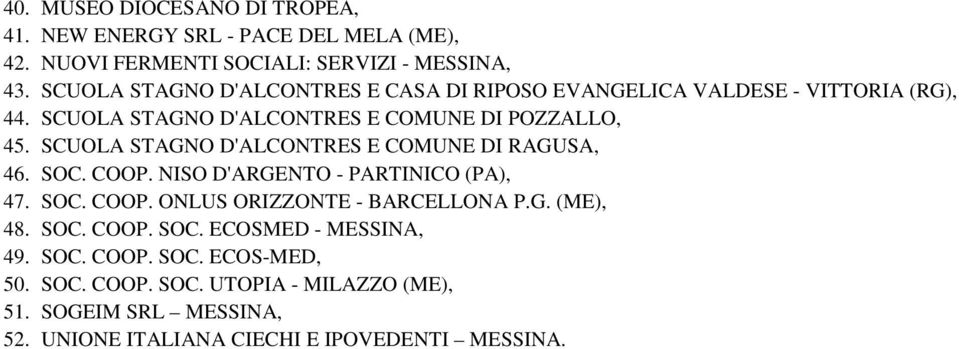 SCUOLA STAGNO D'ALCONTRES E COMUNE DI RAGUSA, 46. SOC. COOP. NISO D'ARGENTO - PARTINICO (PA), 47. SOC. COOP. ONLUS ORIZZONTE - BARCELLONA P.G. (ME), 48.