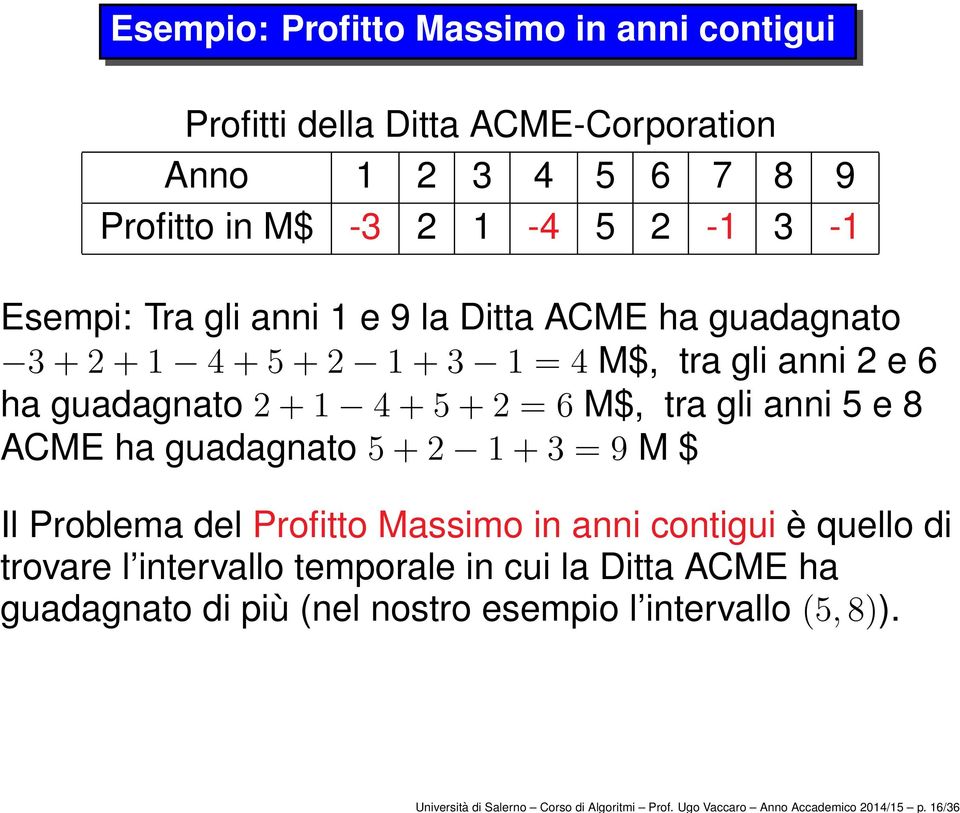 Esempi: Tra gli anni 1 e 9 la Ditta ACME ha guadagnato 3+2+1 4+5+2 1+3 1 = 4 M$, tra gli anni 2 e 6 ha guadagnato 2+1 4+5+2 = 6 M$, tra gli anni 5