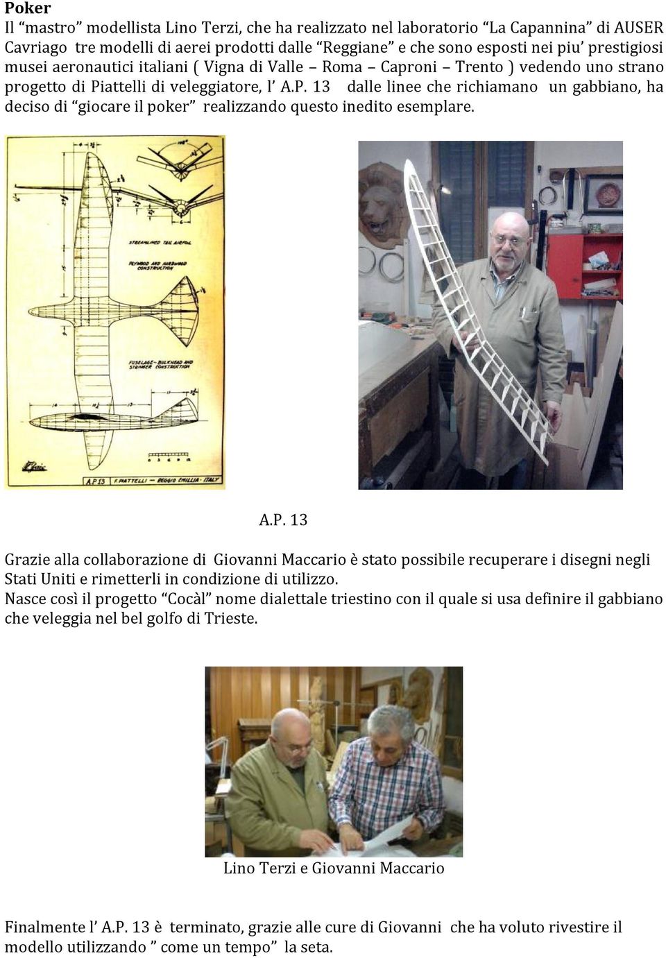 attelli di veleggiatore, l A.P. 13 dalle linee che richiamano un gabbiano, ha deciso di giocare il poker realizzando questo inedito esemplare. A.P. 13 Grazie alla collaborazione di Giovanni Maccario è stato possibile recuperare i disegni negli Stati Uniti e rimetterli in condizione di utilizzo.