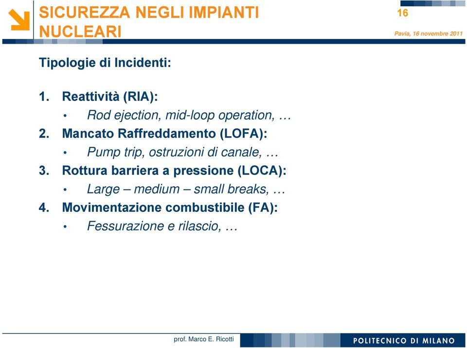 Mancato Raffreddamento (LOFA): Pump trip, ostruzioni di canale, 3.