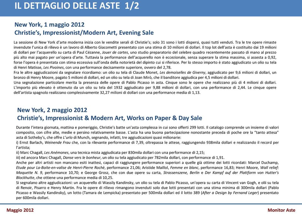 Il top lot dell asta è costituito dai 19 milioni di dollari per l acquerello su carta di Paul Cézanne, Jouer de cartes, uno studio preparatorio del celebre quadro recentemente passato di mano al