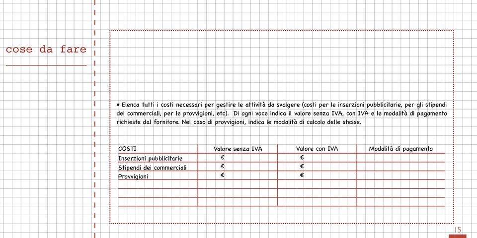 Di ogni voce indica il valore senza IVA, con IVA e le modalità di pagamento richieste dal fornitore.