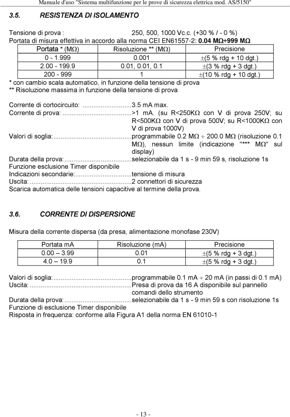 ) * con cambio scala automatico, in funzione della tensione di prova ** Risoluzione massima in funzione della tensione di prova Corrente di cortocircuito:...3.5 ma max. Corrente di prova:...>1 ma.