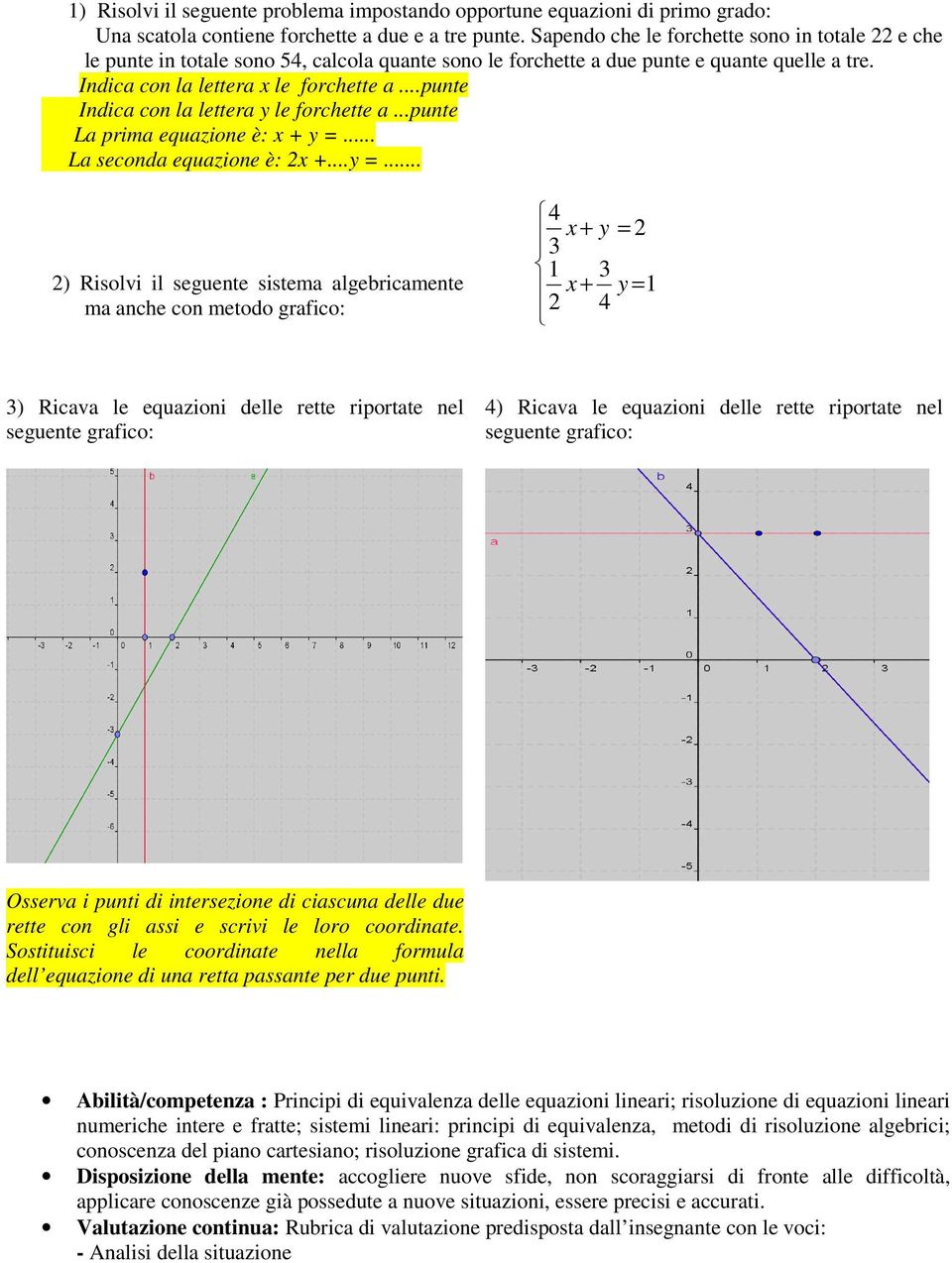 ..punte Indica con la lettera y le forchette a...punte La prima equazione è: x + y =.