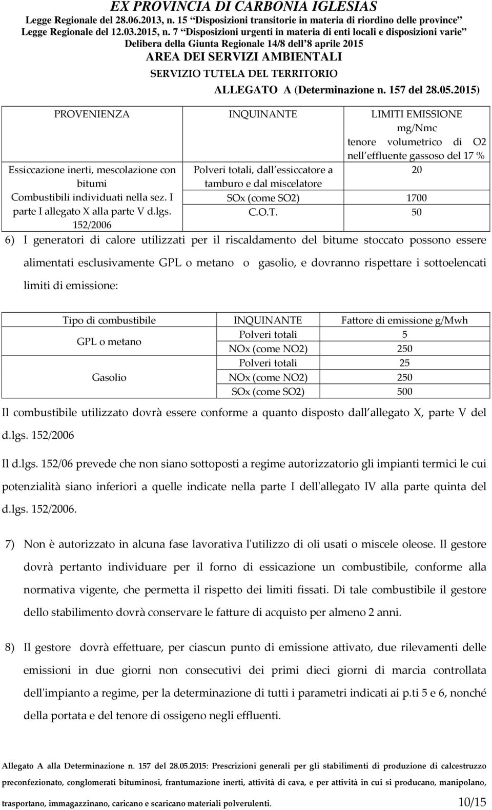 50 152/2006 6) I generatori di calore utilizzati per il riscaldamento del bitume stoccato possono essere alimentati esclusivamente GPL o metano o gasolio, e dovranno rispettare i sottoelencati limiti