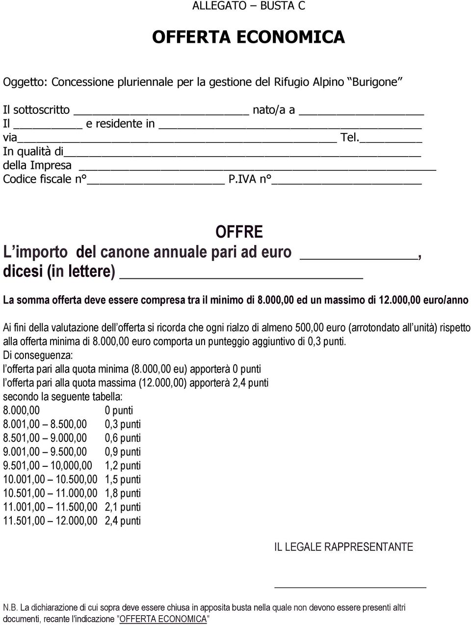 000,00 ed un massimo di 12.000,00 euro/anno Ai fini della valutazione dell offerta si ricorda che ogni rialzo di almeno 500,00 euro (arrotondato all unità) rispetto alla offerta minima di 8.