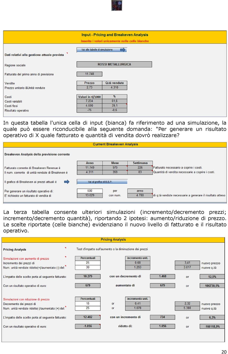 La terza tabella consente ulteriori simulazioni (incremento/decremento prezzi; incremento/decremento quantità), riportando 2