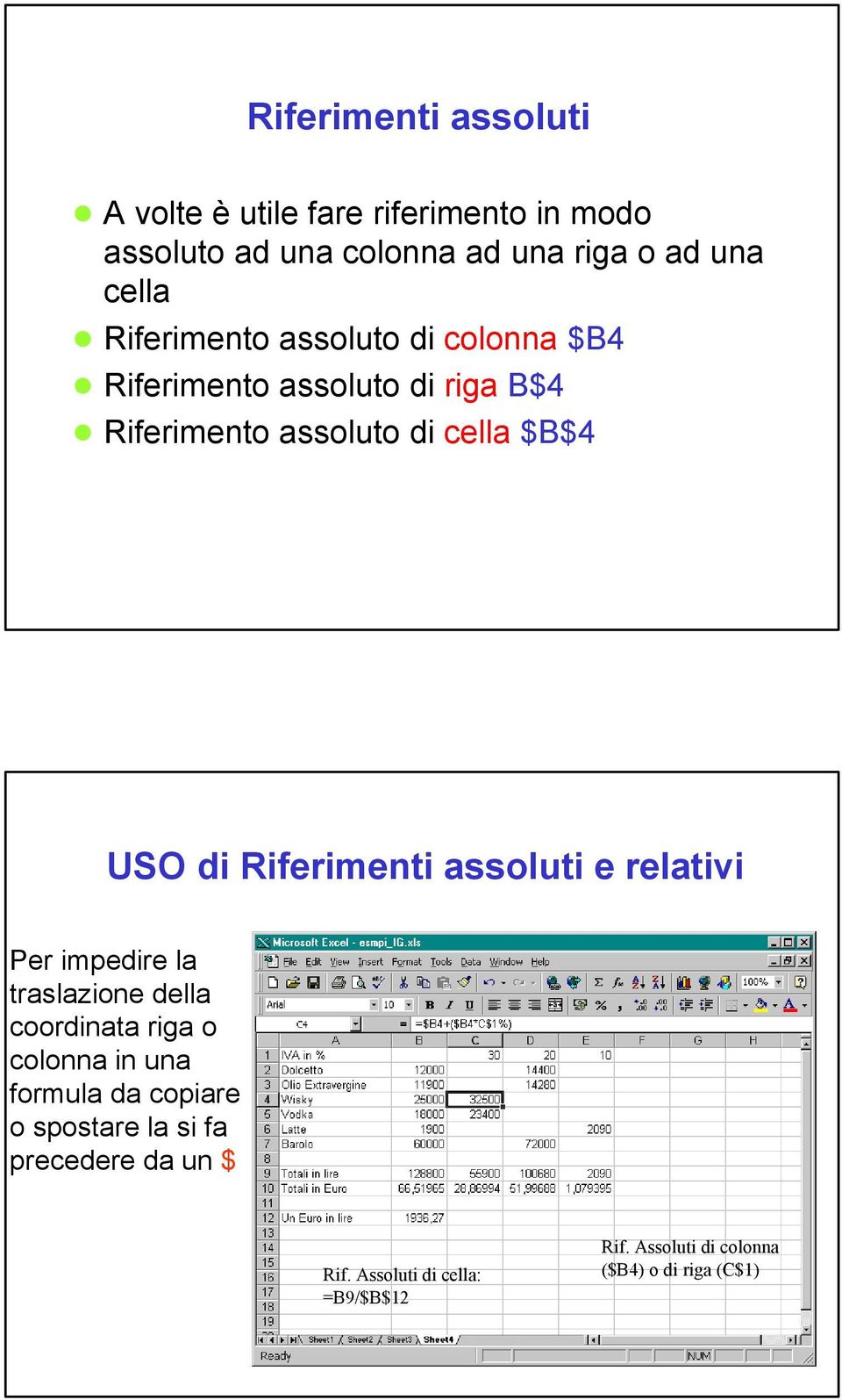 Riferimenti assoluti e relativi Per impedire la traslazione della coordinata riga o colonna in una formula da