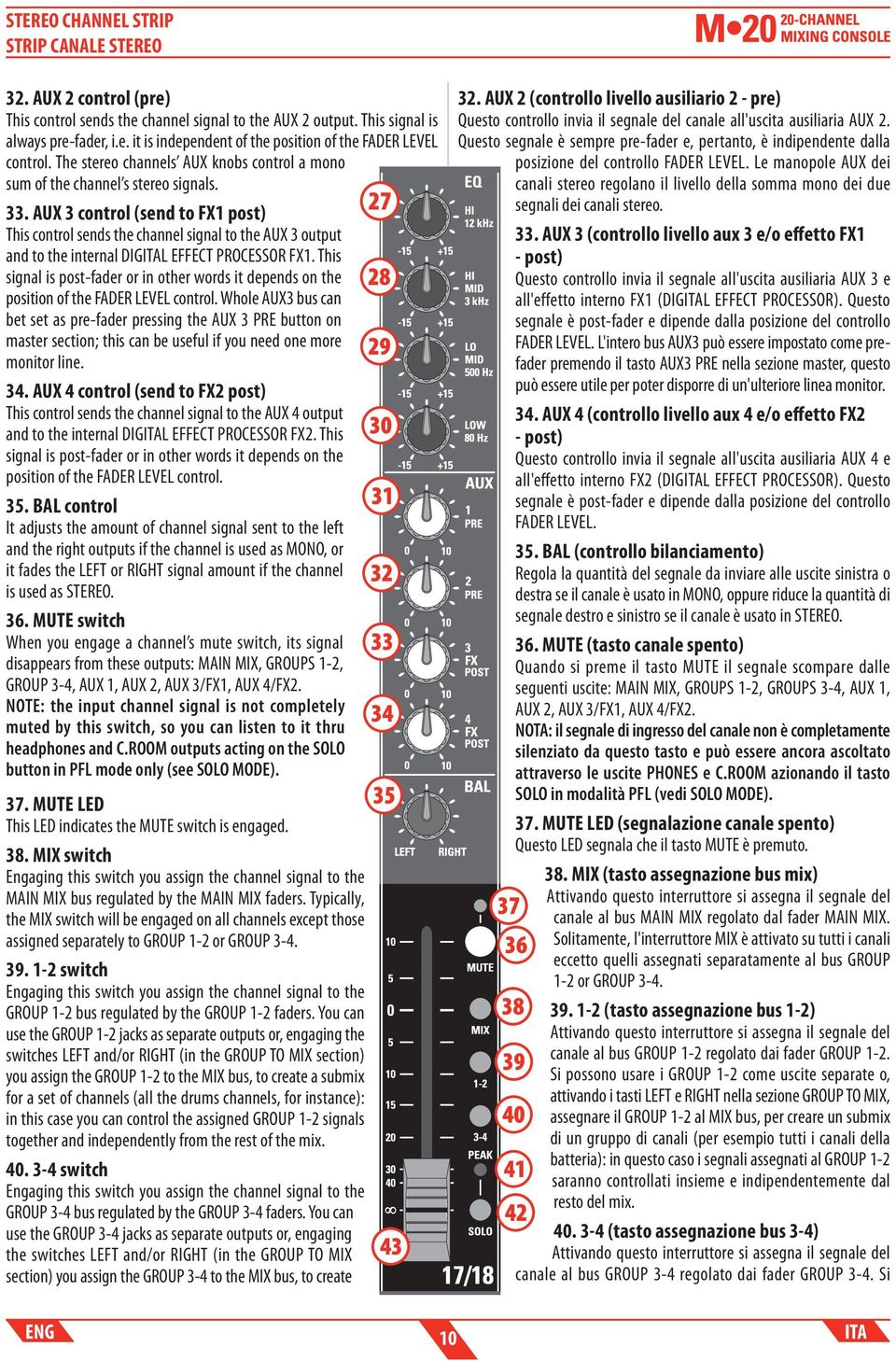 AUX 3 control (send to FX1 post) This control sends the channel signal to the AUX 3 output and to the internal DIGL EFFECT PROCESSOR FX1.