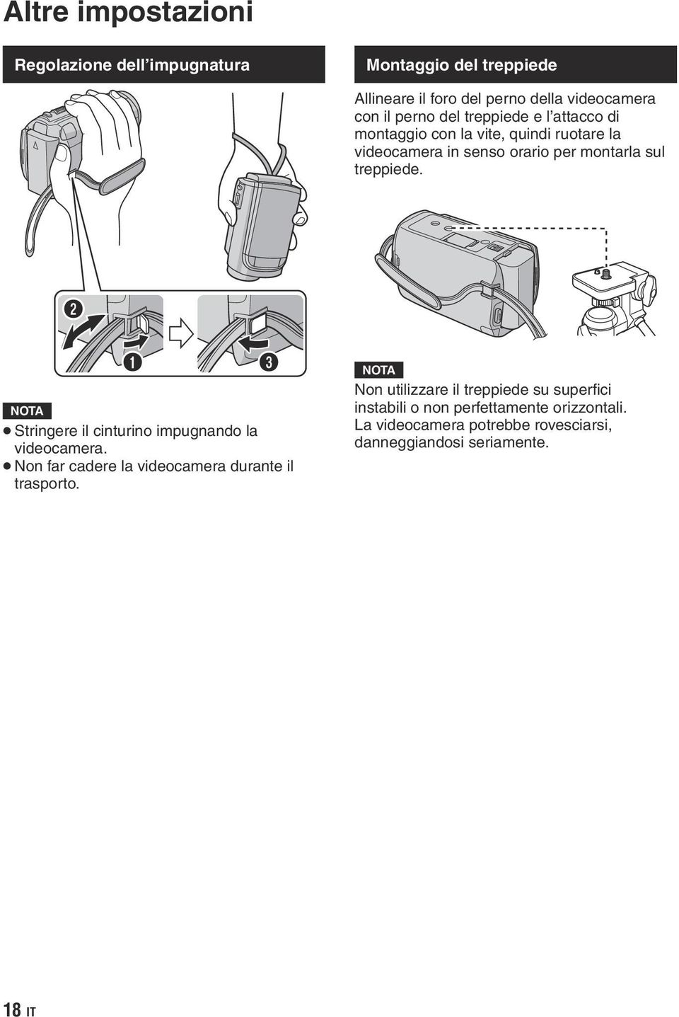 treppiede. Stringere il cinturino impugnando la videocamera. Non far cadere la videocamera durante il trasporto.