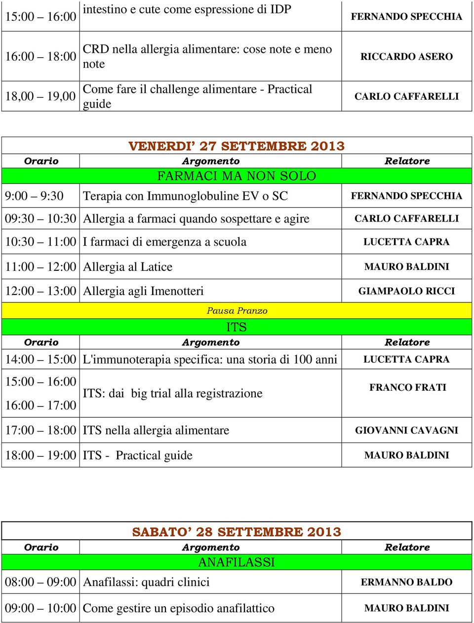 CARLO CAFFARELLI 10:30 11:00 I farmaci di emergenza a scuola LUCETTA CAPRA 11:00 12:00 Allergia al Latice MAURO BALDINI 12:00 13:00 Allergia agli Imenotteri GIAMPAOLO RICCI ITS 14:00 15:00