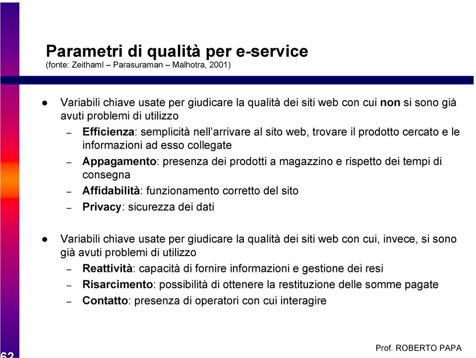 consegna Affidabilità: funzionamento corretto del sito Privacy: sicurezza dei dati Variabili chiave usate per giudicare la qualità dei siti web con cui, invece, si sono già avuti problemi di