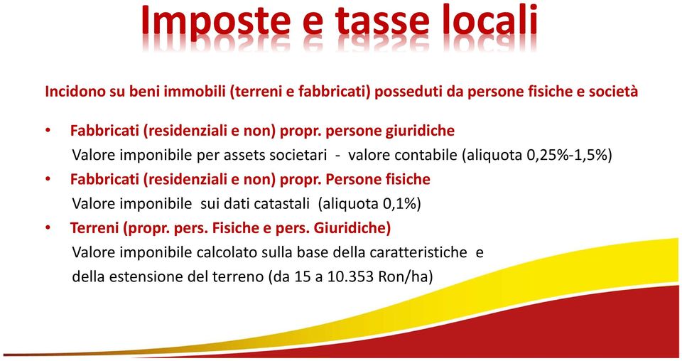 persone giuridiche Valore imponibile per assets societari - valore contabile(aliquota 0,25%-1,5%)  Persone fisiche Valore