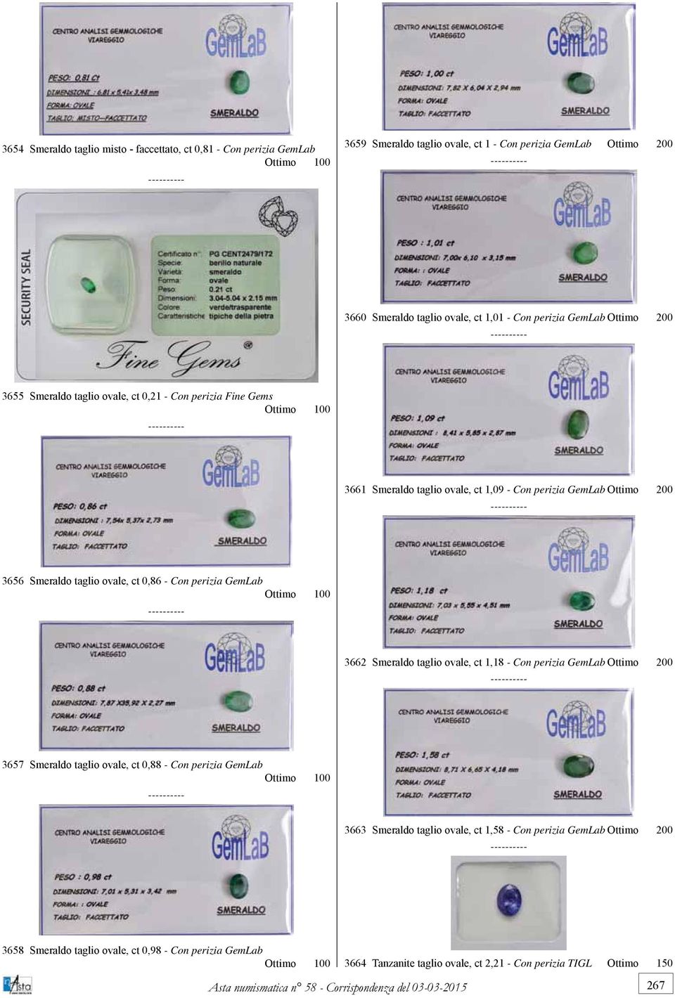 perizia GemLab Ottimo 100 3662 Smeraldo taglio ovale, ct 1,18 - Con perizia GemLab Ottimo 200 3657 Smeraldo taglio ovale, ct 0,88 - Con perizia GemLab Ottimo 100 3663 Smeraldo taglio ovale, ct 1,58 -