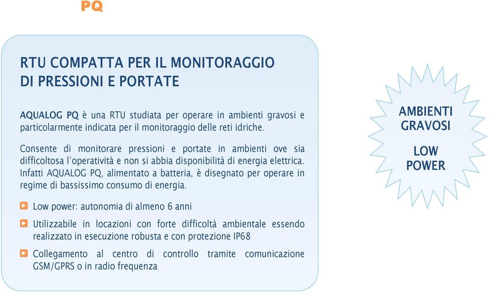 Infatti AQUALOG PQ, alimentato a batteria, è disegnato per operare in regime di bassissimo consumo di energia.