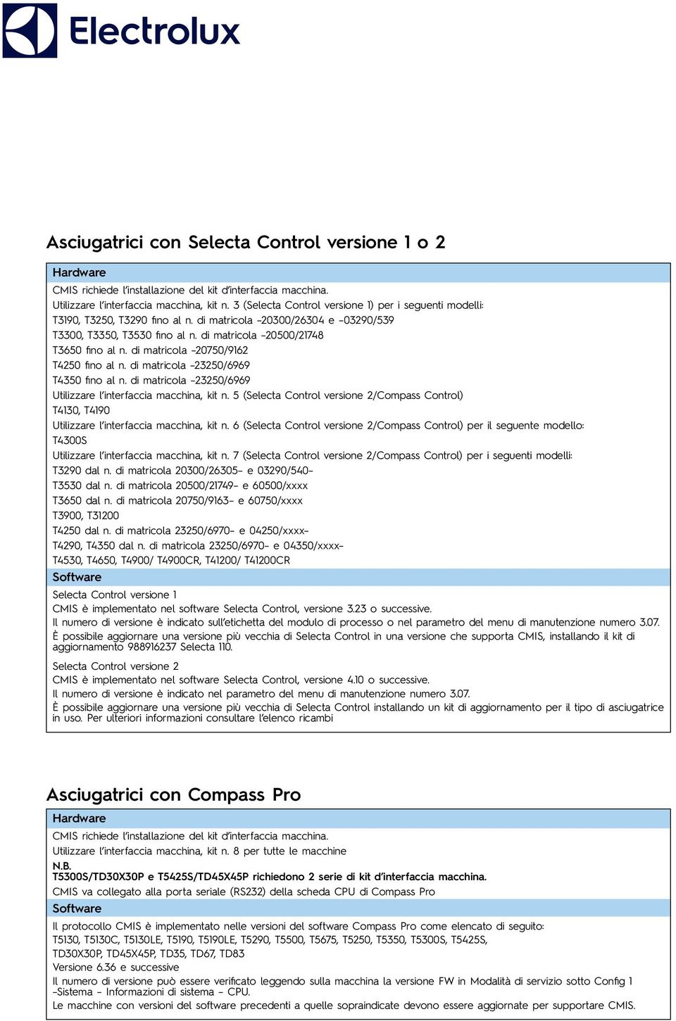 di matricola 20750/9162 T4250 fino al n. di matricola 23250/6969 T4350 fino al n. di matricola 23250/6969 Utilizzare l interfaccia macchina, kit n.