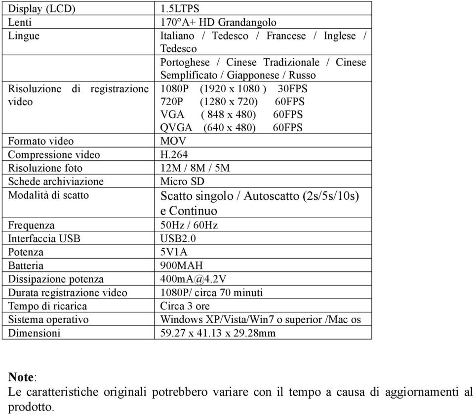 1080P (1920 x 1080 ) 30FPS video 720P (1280 x 720) 60FPS VGA ( 848 x 480) 60FPS QVGA (640 x 480) 60FPS Formato video MOV Compressione video H.