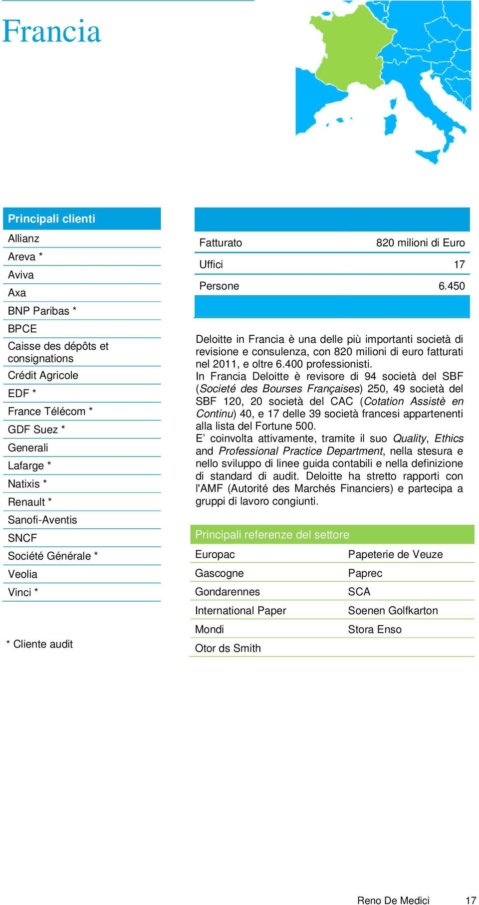 450 Deloitte in Francia è una delle più importanti società di revisione e consulenza, con 820 milioni di euro fatturati nel 2011, e oltre 6.400 professionisti.