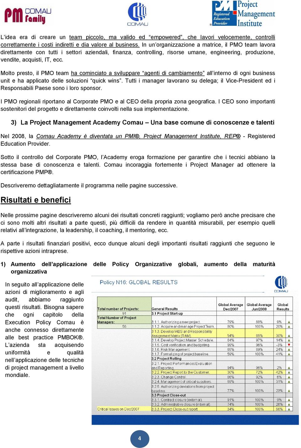 Molto presto, il PMO team ha cominciato a sviluppare agenti di cambiamento all interno di ogni business unit e ha applicato delle soluzioni quick wins.