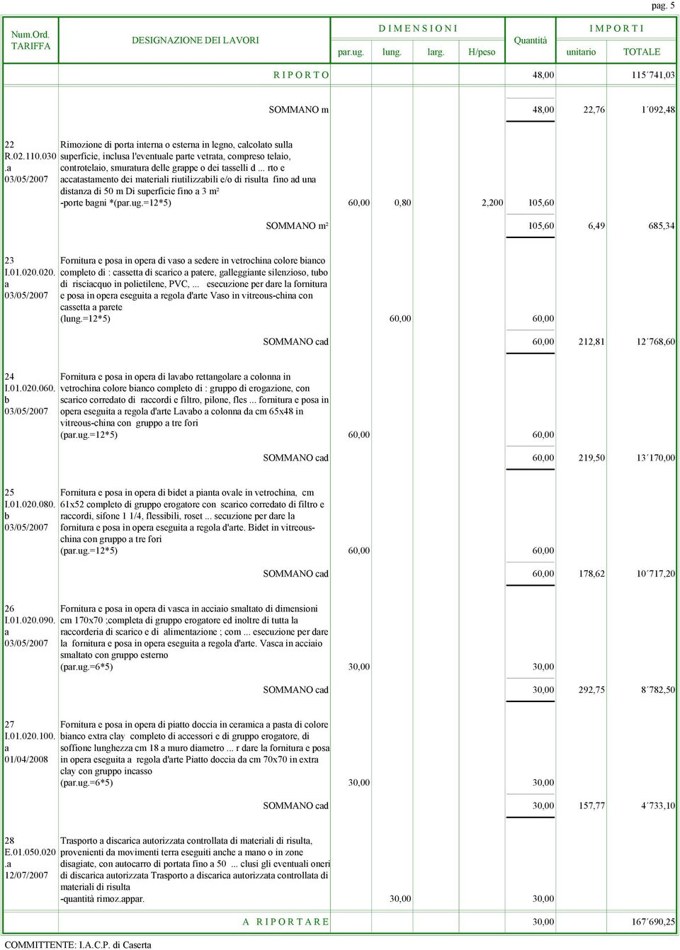=12*5) 60,00 0,80 2,200 105,60 SOMMANO m² 105,60 6,49 685,34 23 Fornitur e pos in oper di vso sedere in vetrochin colore binco I.01.020.