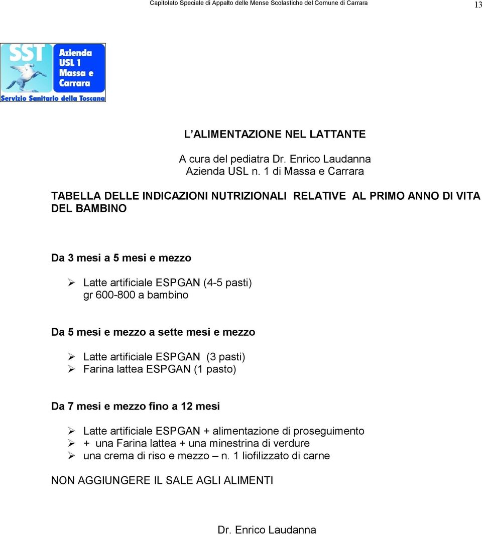 (4-5 pasti) gr 600-800 a bambino Da 5 mesi e mezzo a sette mesi e mezzo Latte artificiale ESPGAN (3 pasti) Farina lattea ESPGAN (1 pasto) Da 7 mesi e mezzo