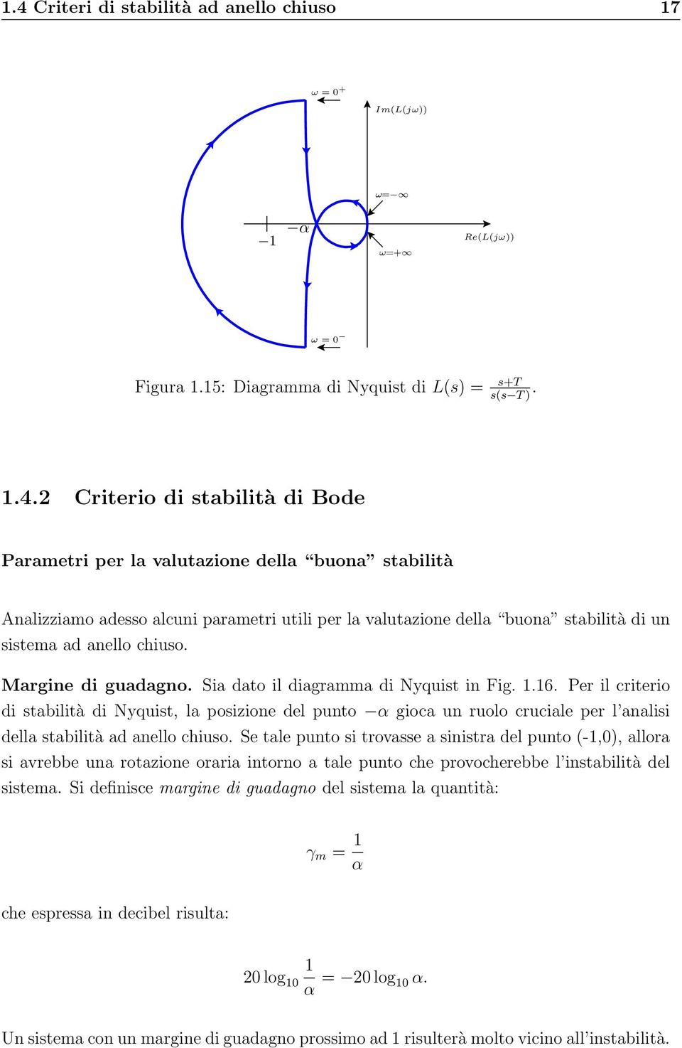 Sia dato il diagramma di Nyquist in Fig. 1.16. Per il criterio di stabilità di Nyquist, la posizione del punto α gioca un ruolo cruciale per l analisi della stabilità ad anello chiuso.