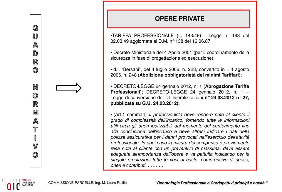 248 (Abolizione obbligatorietà dei minimi Tariffari); DECRETO-LEGGE 24 gennaio 2012, n. 1 (Abrogazione Tariffe Professionali); DECRETO-LEGGE 24 gennaio 2012, n.