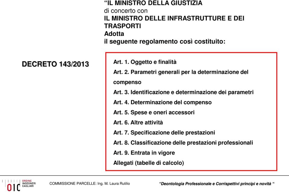 Identificazione e determinazione dei parametri Art. 4. Determinazione del compenso Art. 5. Spese e oneri accessori Art. 6.