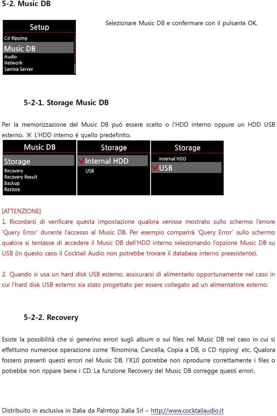 Per esempio comparirà Query Error sullo schermo qualora si tentasse di accedere il Music DB dell HDD interno selezionando l opzione Music DB su USB (in questo caso il Cocktail Audio non potrebbe