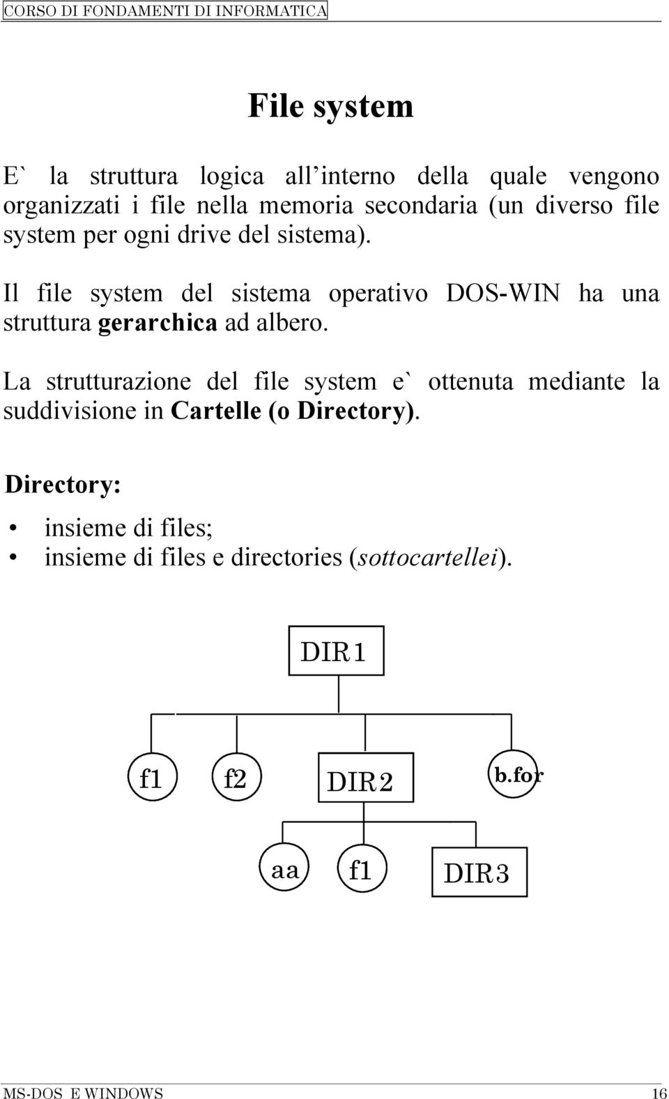 Il file system del sistema operativo DOS-WIN ha una struttura gerarchica ad albero.