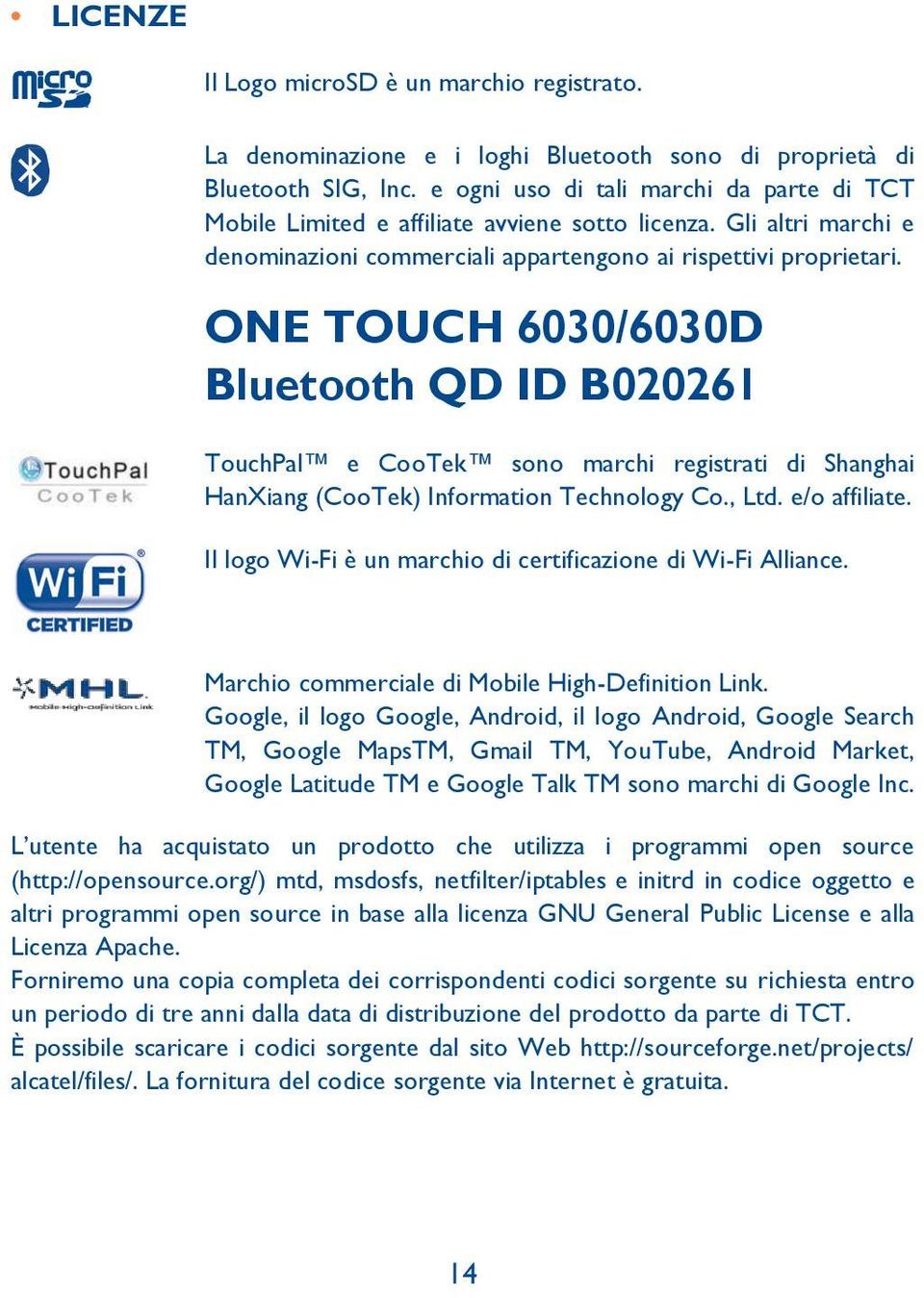 ONE TOUCH 6030/6030D Bluetooth QD ID B020261 TouchPal e CooTek sono marchi registrati di Shanghai HanXiang (CooTek) Information Technology Co., Ltd. e/o affiliate.