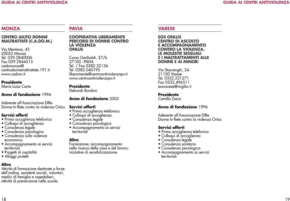 it Maria Luisa Carta Anno di fondazione 1994 Attività di formazione destinate a forze dell ordine, assistenti sociali, volontari, medici di famiglia e ospedalieri; attività di prevenzione nelle