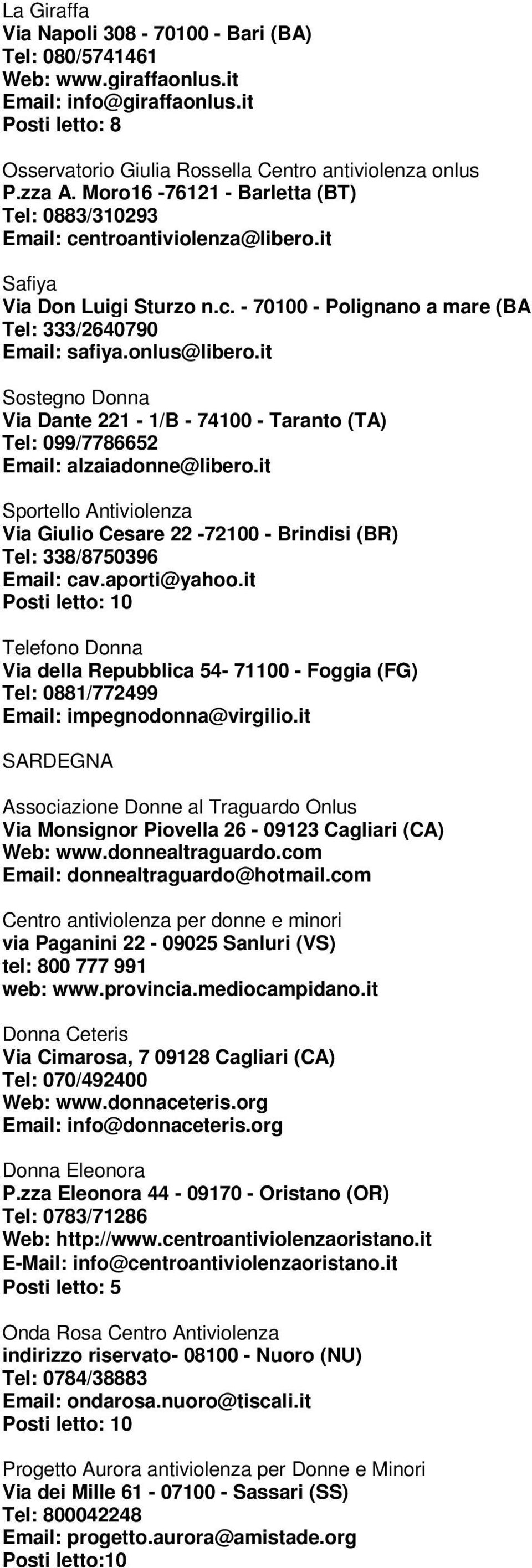 it Sostegno Donna Via Dante 221-1/B - 74100 - Taranto (TA) Tel: 099/7786652 Email: alzaiadonne@libero.it Sportello Antiviolenza Via Giulio Cesare 22-72100 - Brindisi (BR) Tel: 338/8750396 Email: cav.