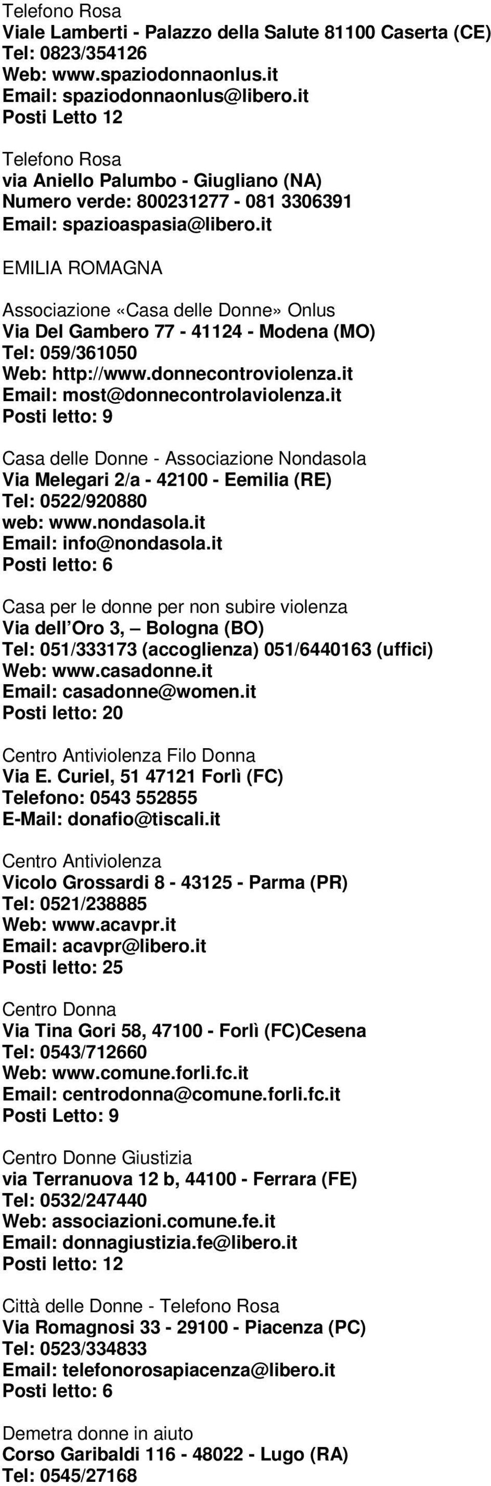 it EMILIA ROMAGNA Associazione «Casa delle Donne» Onlus Via Del Gambero 77-41124 - Modena (MO) Tel: 059/361050 Web: http://www.donnecontroviolenza.it Email: most@donnecontrolaviolenza.