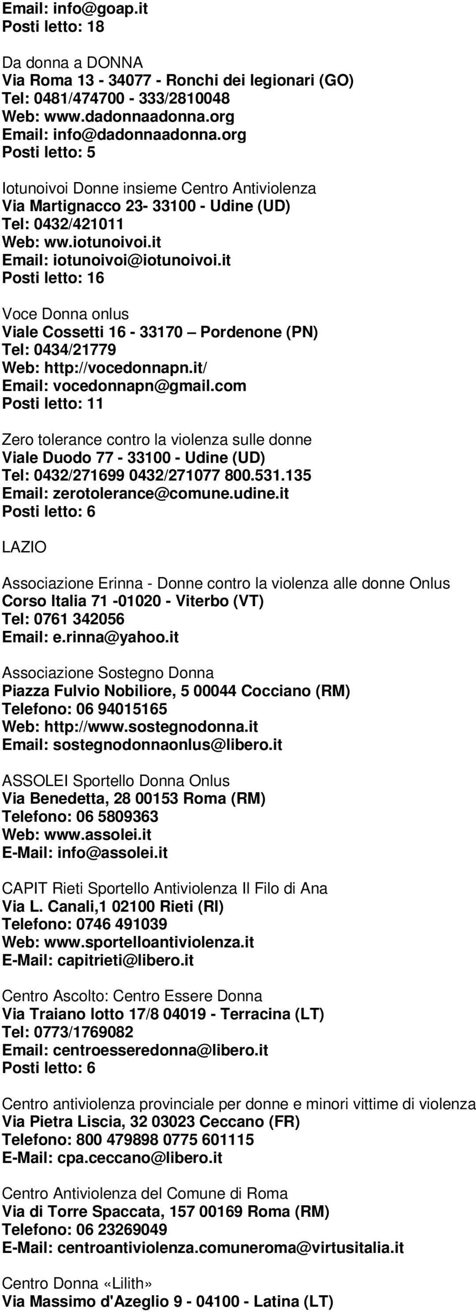it Posti letto: 16 Voce Donna onlus Viale Cossetti 16-33170 Pordenone (PN) Tel: 0434/21779 Web: http://vocedonnapn.it/ Email: vocedonnapn@gmail.