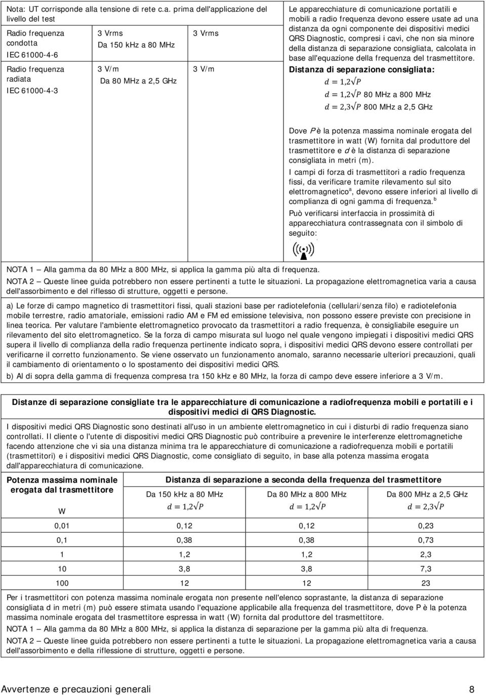 Diagnostic, compresi i cavi, che non sia minore della distanza di separazione consigliata, calcolata in base all'equazione della frequenza del trasmettitore.