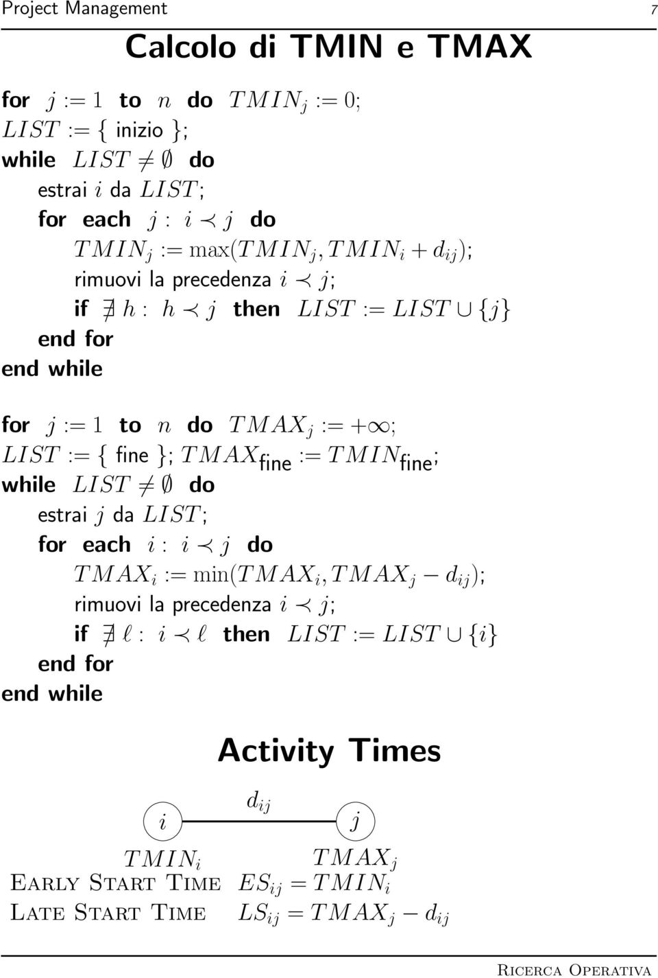 fine }; TMAX fine := TMIN fine ; while LIST do estrai j da LIST; for each i : i j do TMAX i := min(tmax i,tmax j d ij ); rimuovi la precedenza i j; if