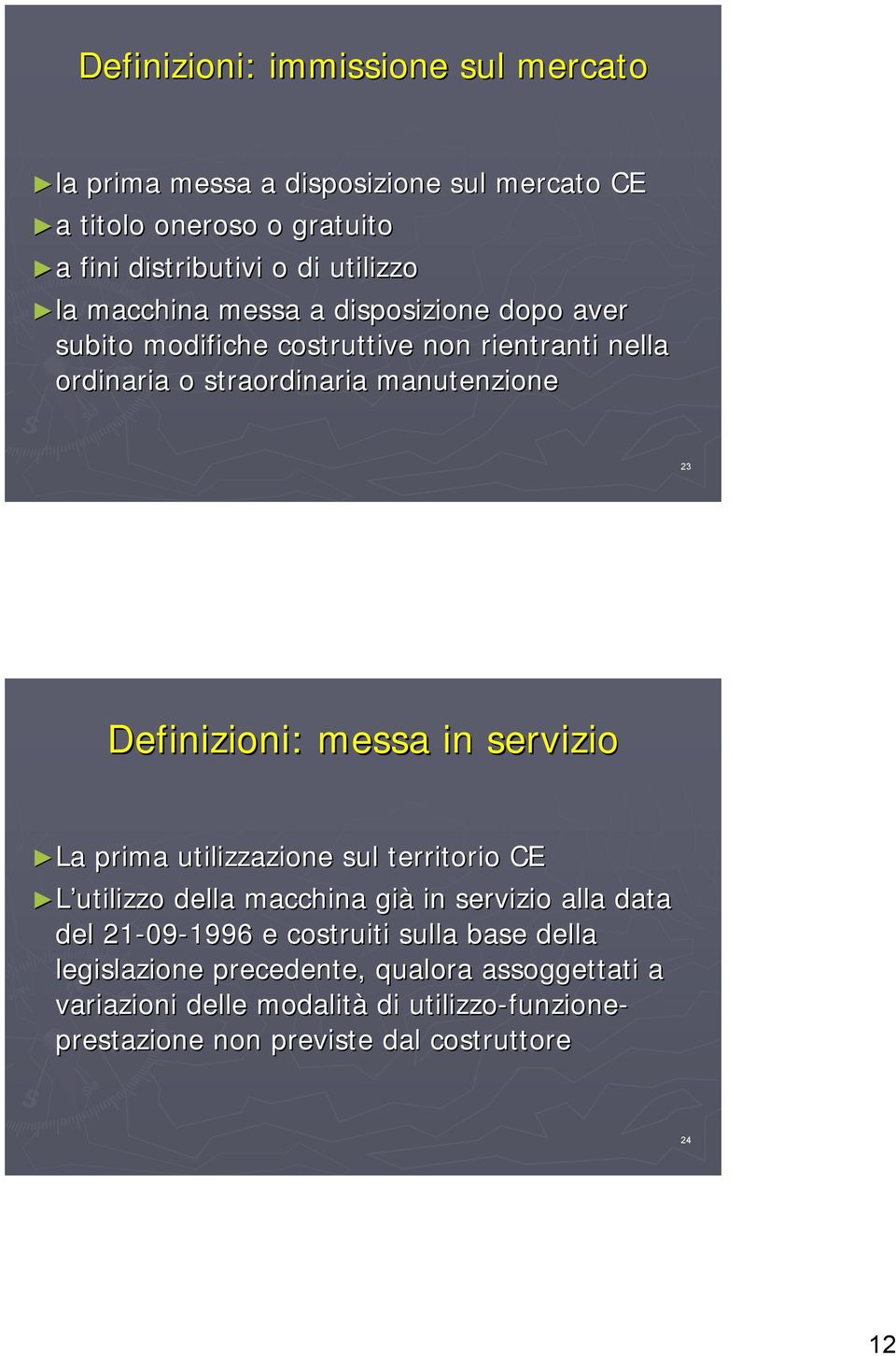 in servizio La prima utilizzazione sul territorio CE L utilizzo della macchina già in servizio alla data del 21-09 09-1996 e costruiti sulla base