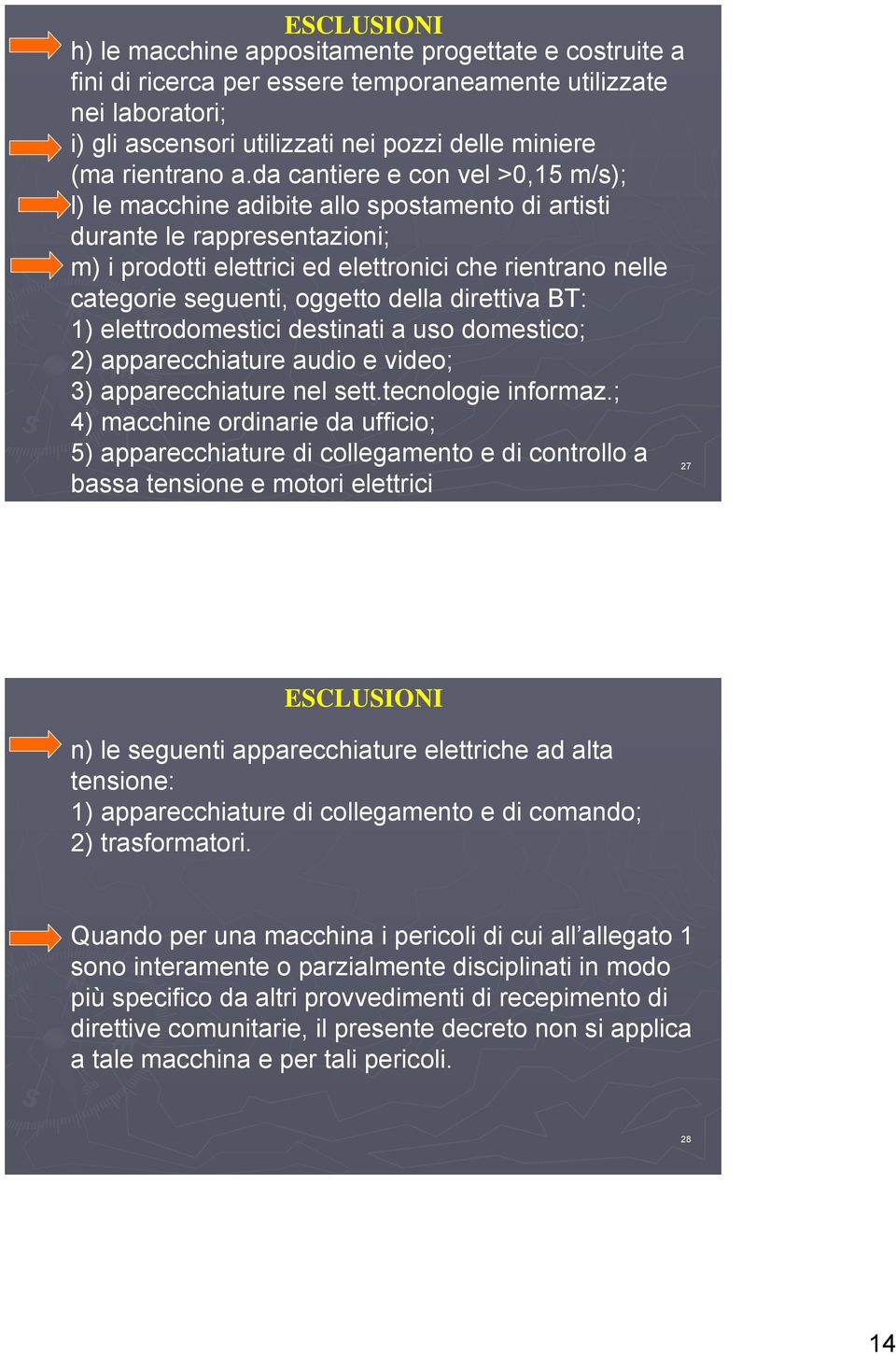 da cantiere e con vel >0,15 m/s); l) le macchine adibite allo spostamento di artisti durante le rappresentazioni; m) i prodotti elettrici ed elettronici che rientrano nelle categorie seguenti,