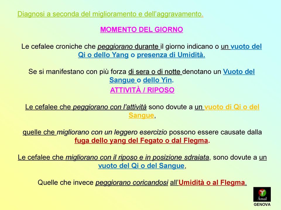 Se si manifestano con più forza di sera o di notte denotano un Vuoto del Sangue o dello Yin.