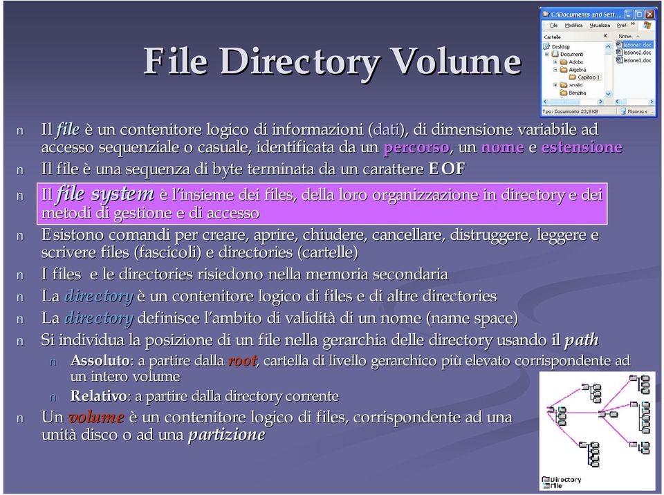 creare, aprire, chiudere, cancellare, distruggere, leggere e scrivere files (fascicoli) e directories (cartelle) I files e le directories risiedono nella memoria secondaria La directory è un