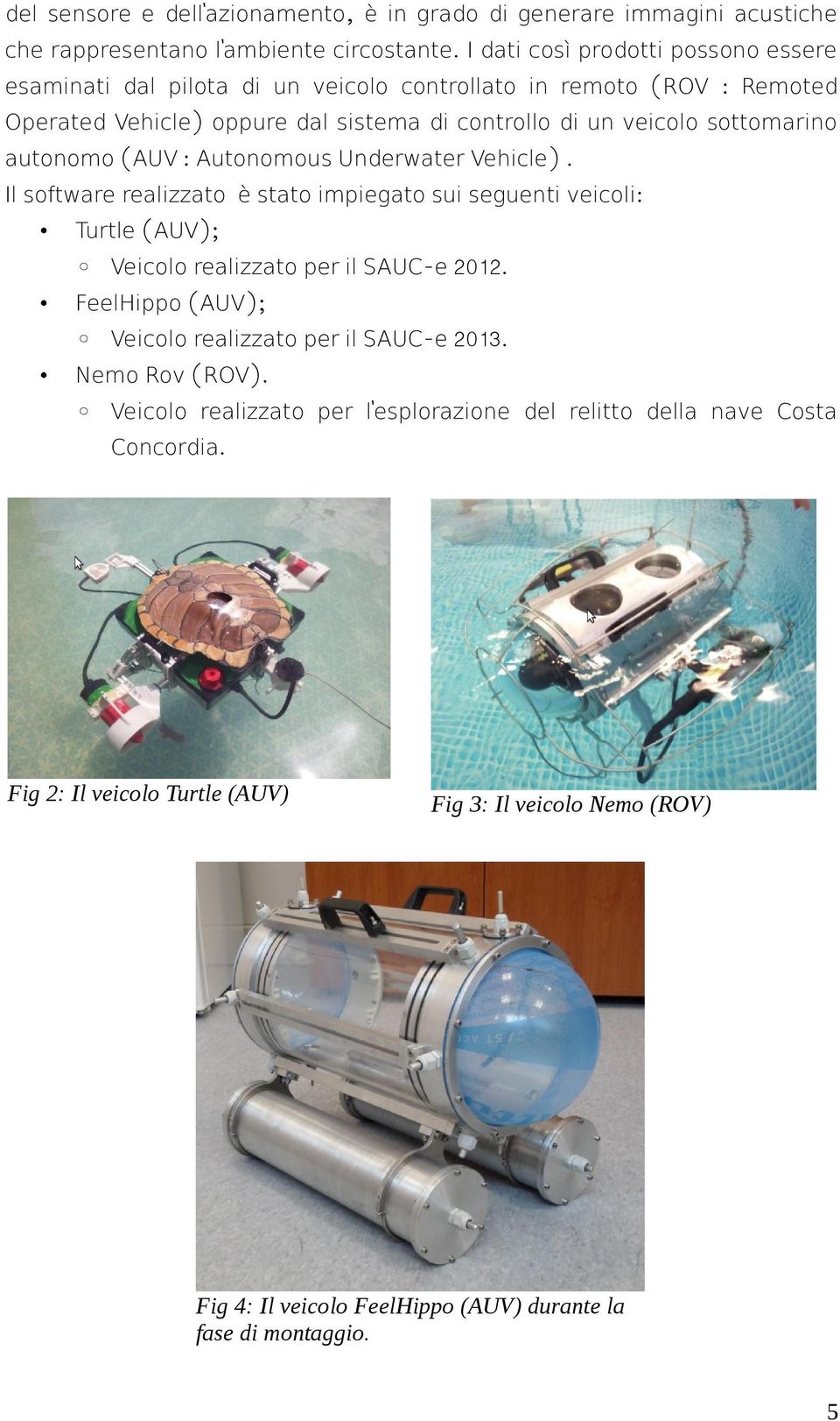autonomo (AUV : Autonomous Underwater Vehicle). Il software realizzato è stato impiegato sui seguenti veicoli: Turtle (AUV); Veicolo realizzato per il SAUC-e 2012.