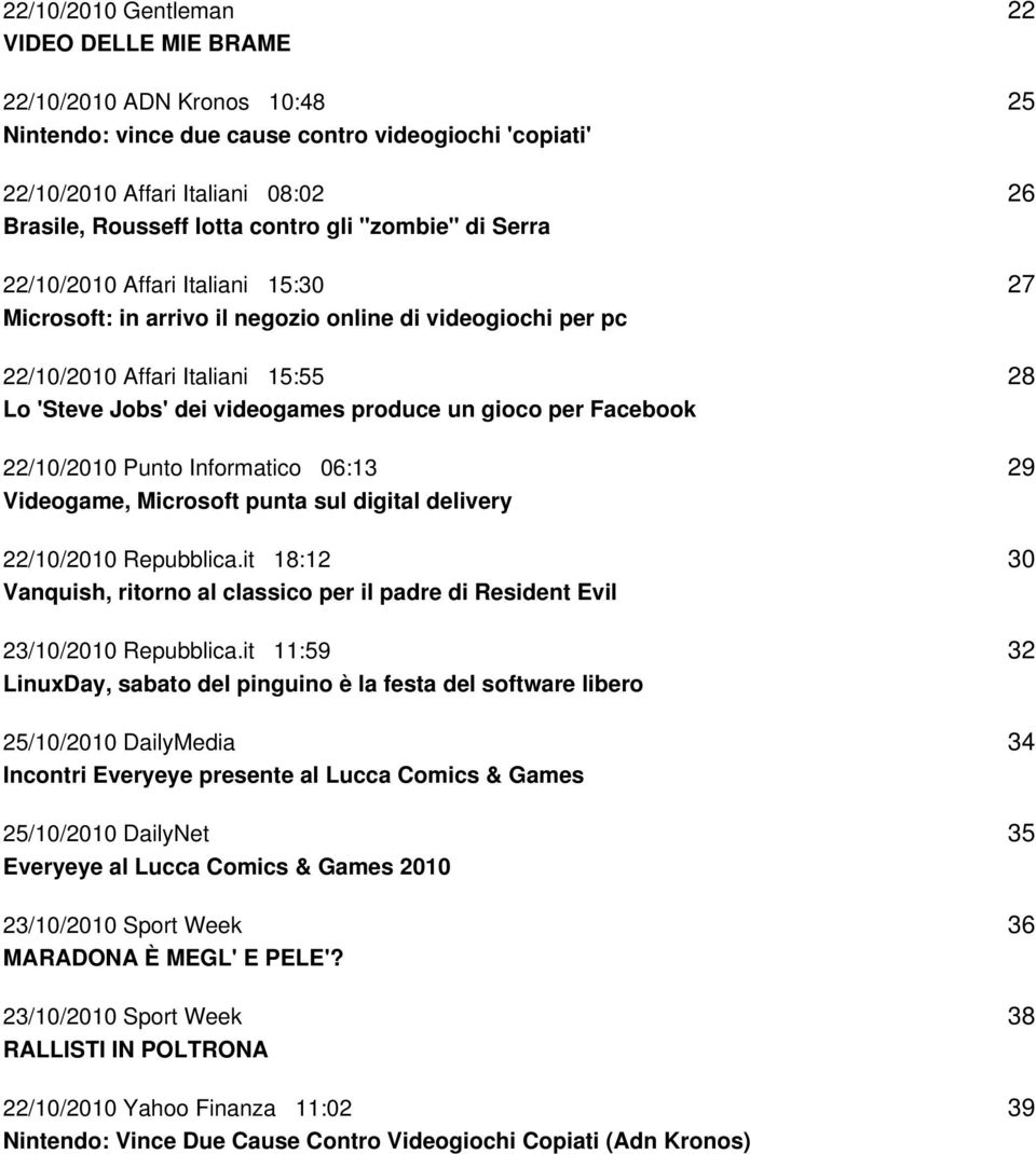 Facebook 22/10/2010 Punto Informatico 06:13 Videogame, Microsoft punta sul digital delivery 22/10/2010 Repubblica.