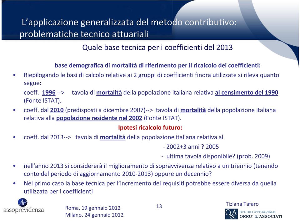 Ipotesi ricalcolo futuro: coeff. dal 2013 > tavola di mortalità della popolazione italiana relativa al 2002+3 anni? 2005 ultima tavola disponibile? (prob.