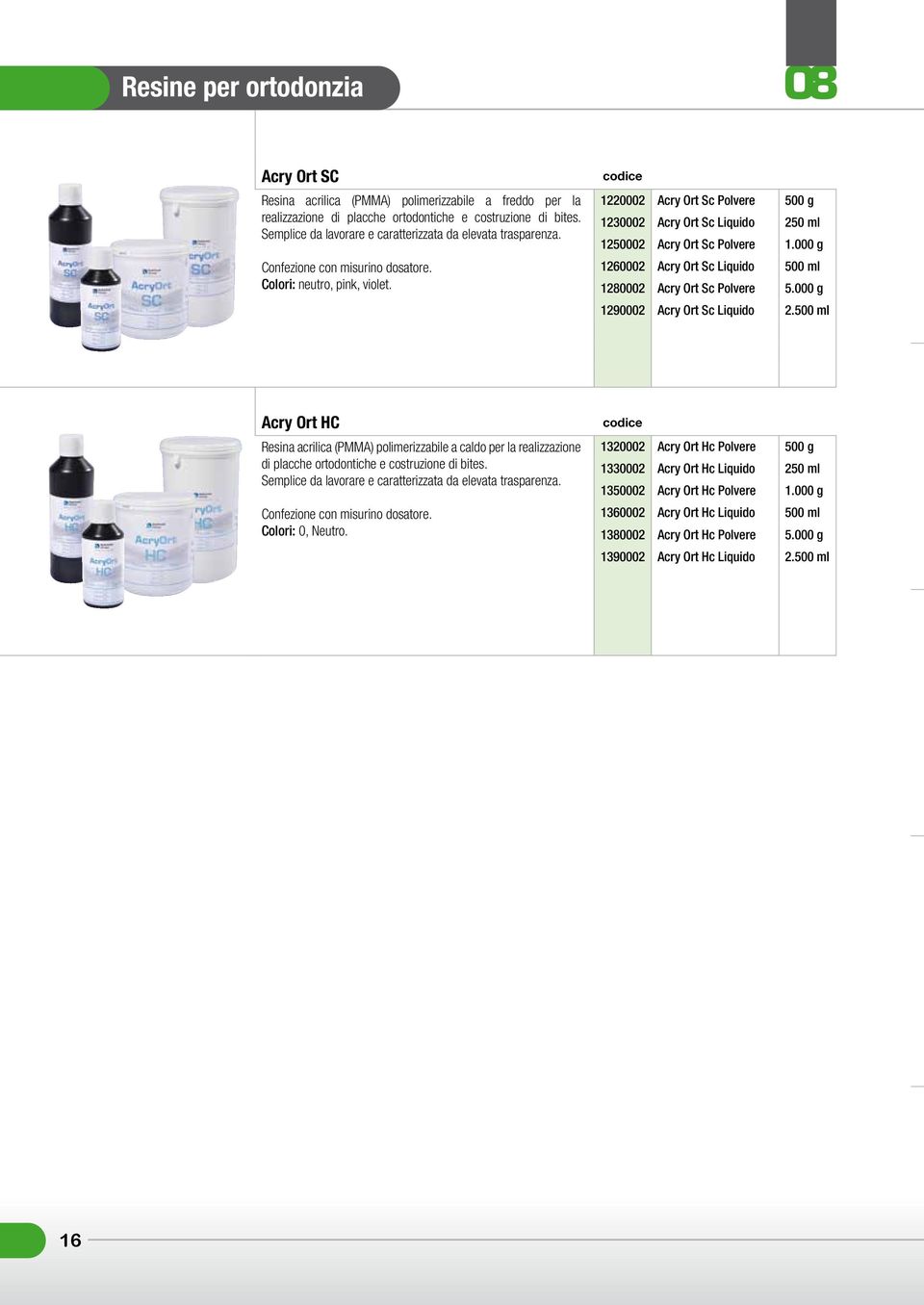 1220002 Acry Ort Sc Polvere 500 g 1230002 Acry Ort Sc Liquido 250 ml 1250002 Acry Ort Sc Polvere 1.000 g 1260002 Acry Ort Sc Liquido 500 ml 1280002 Acry Ort Sc Polvere 5.