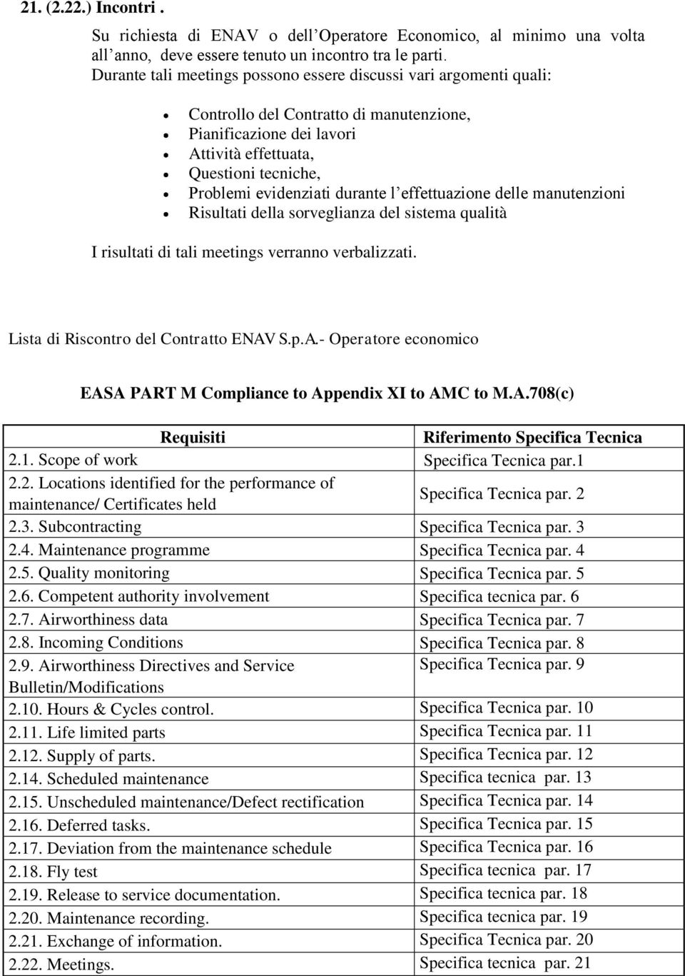 durante l effettuazione delle manutenzioni Risultati della sorveglianza del sistema qualità I risultati di tali meetings verranno verbalizzati. Lista di Riscontro del Contratto ENAV