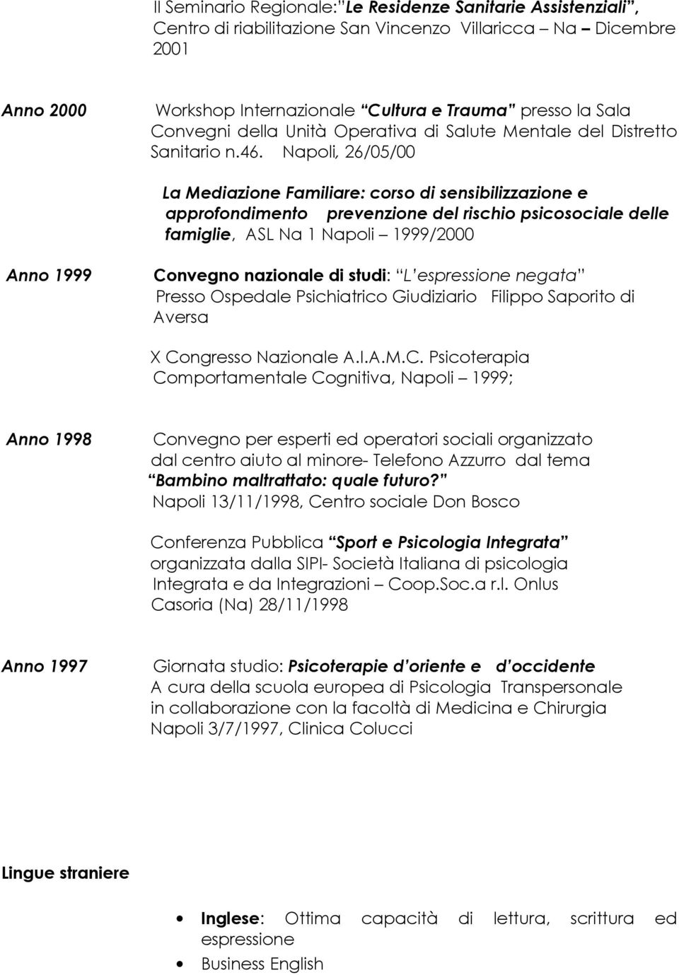 Napoli, 26/05/00 La Mediazione Familiare: corso di sensibilizzazione e approfondimento prevenzione del rischio psicosociale delle famiglie, ASL Na 1 Napoli 1999/2000 Anno 1999 Convegno nazionale di